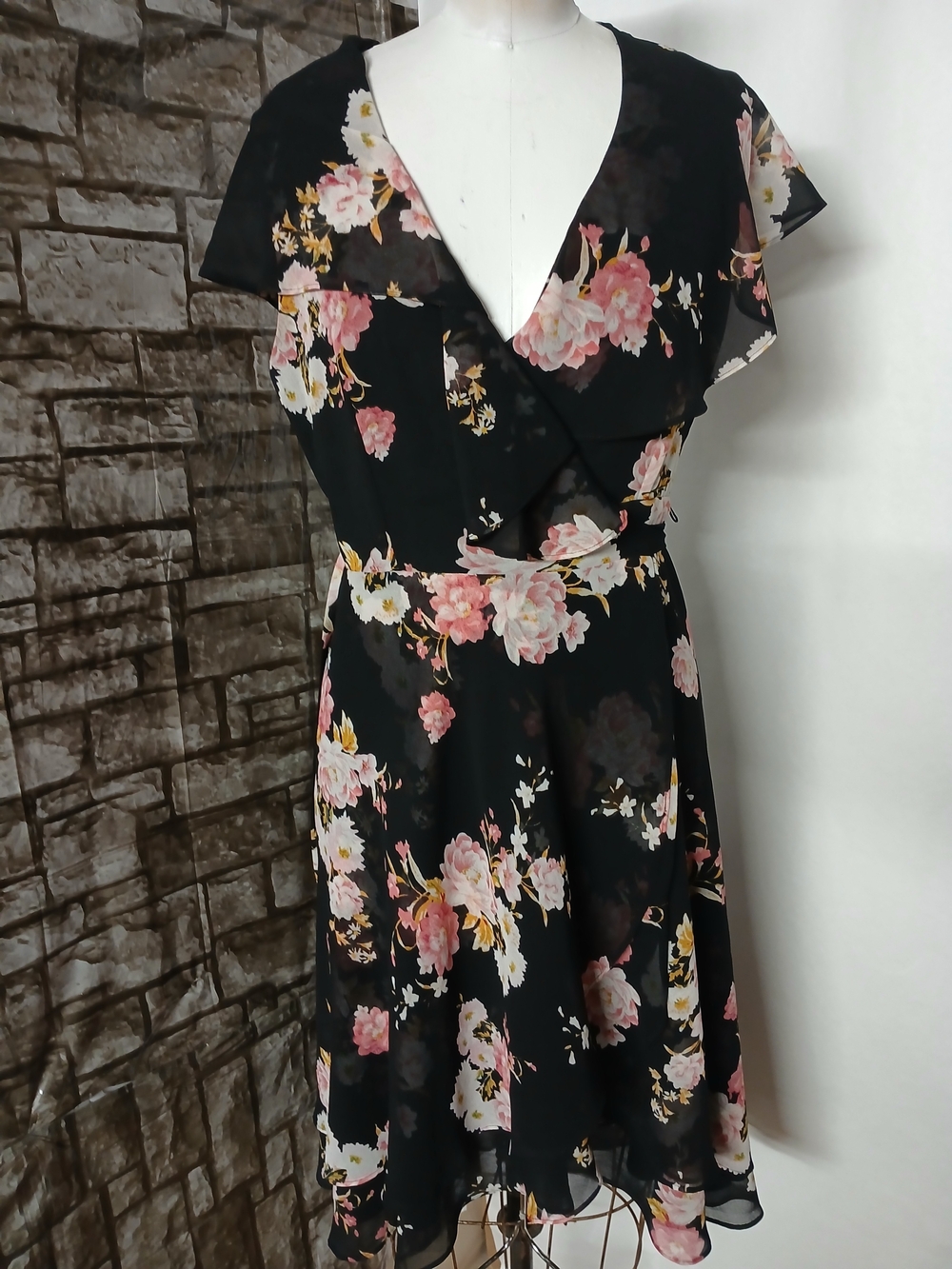 Wayf Black Floral Midi Wrap Dress with Pink & White Blooms